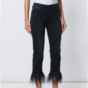 Frame Denim Le High Straight Black Feather Trim Crop Jeans